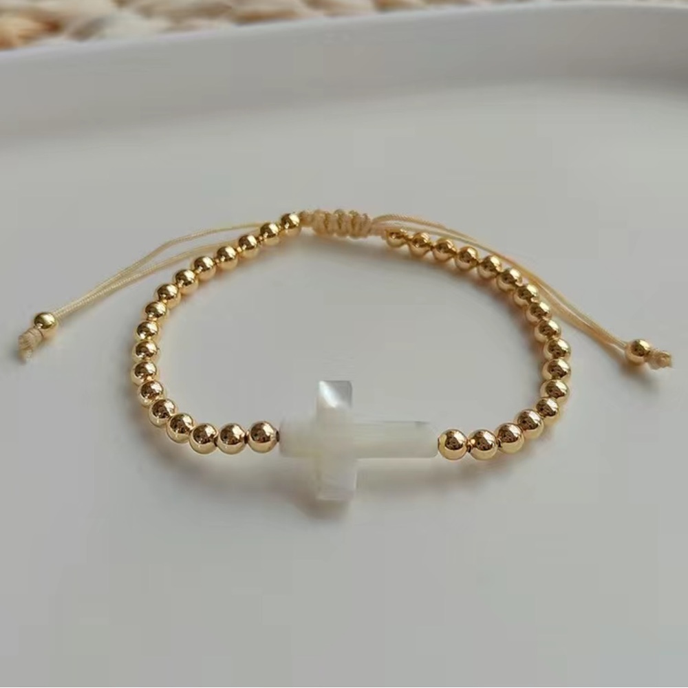 18k Gold Plated Beaded Cross Bracelet - Picture 1 of 4